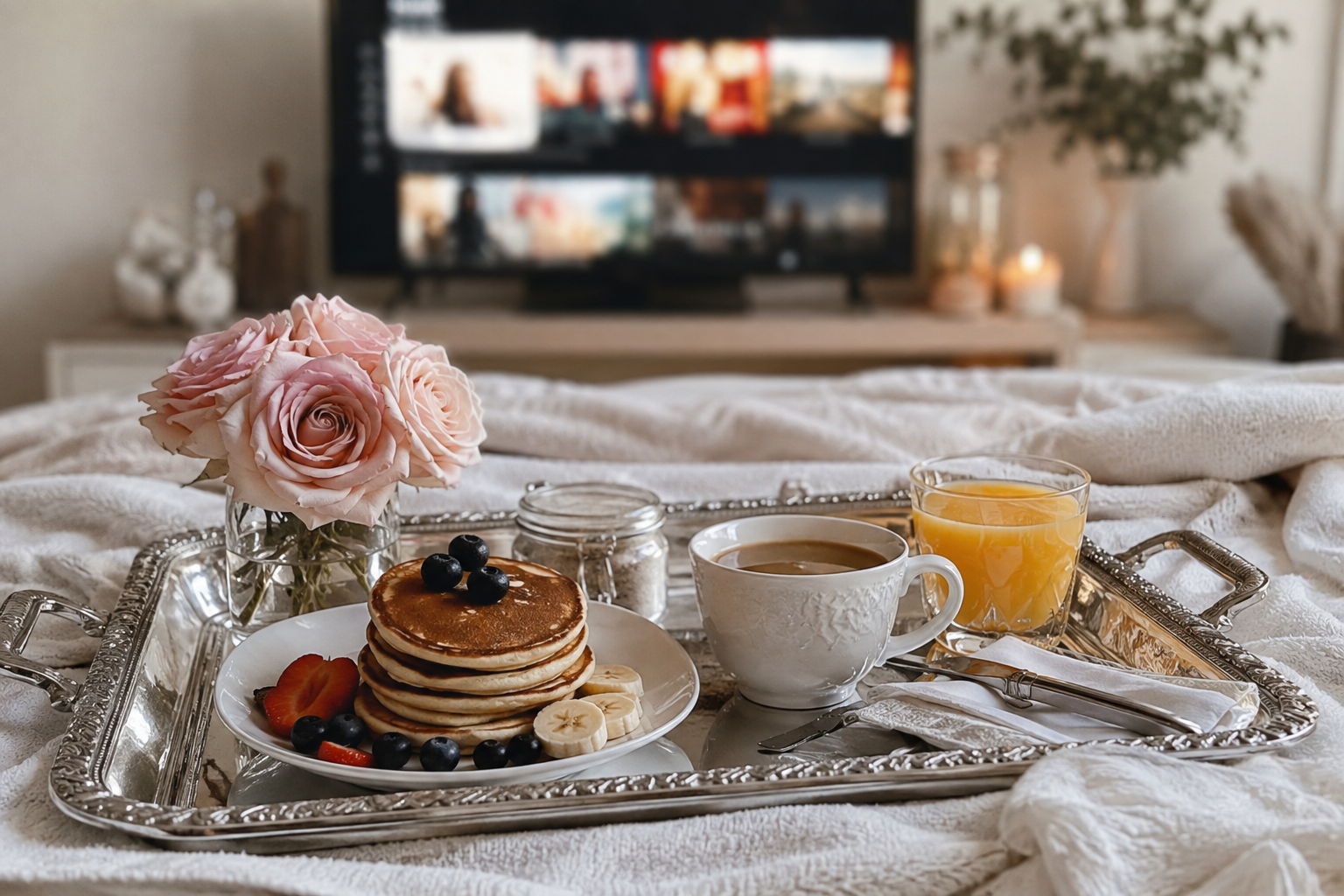breakfast tray and TV as part of anxiety morning routine