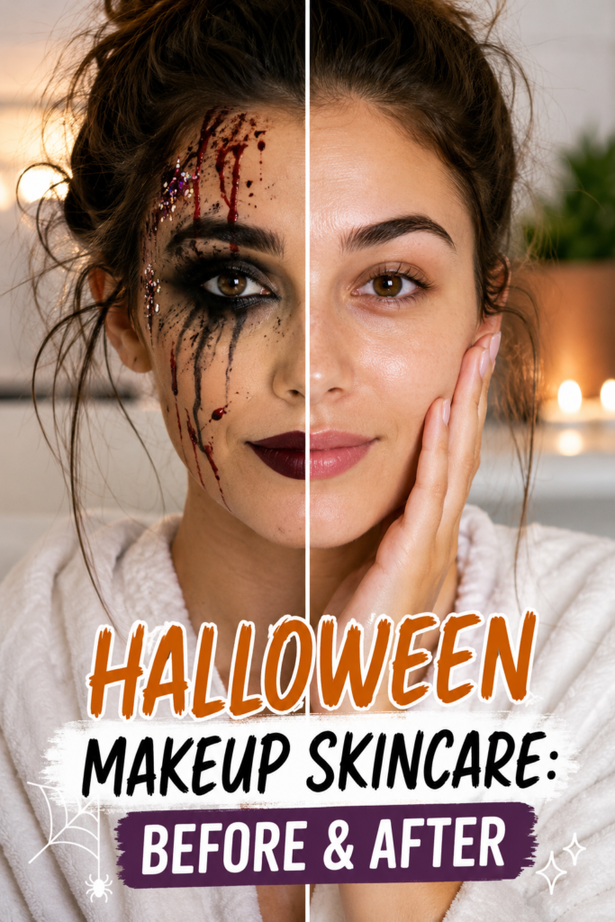 Halloween makeup skincare before and after routine