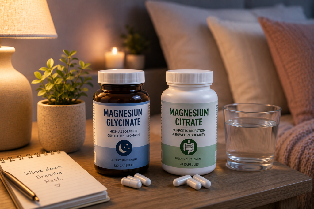 Magnesium glycinate vs citrate supplement bottles for an evening sleep routine