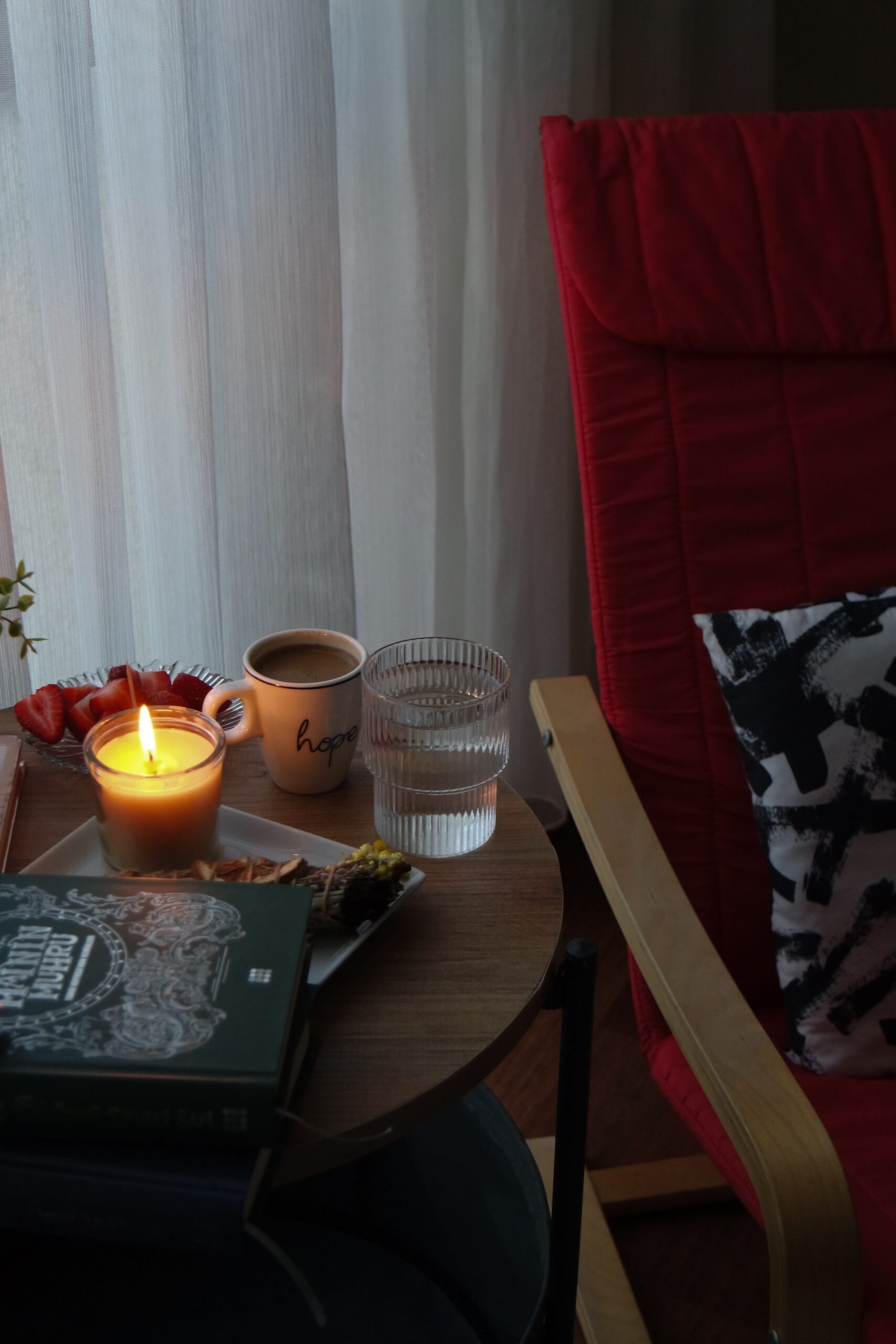 cozy self-care corner essentials candle blanket book